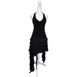 Cache Vintage Asymmetrical Ruffled Halter Top Dress Black Women’s Size 6 Y2K